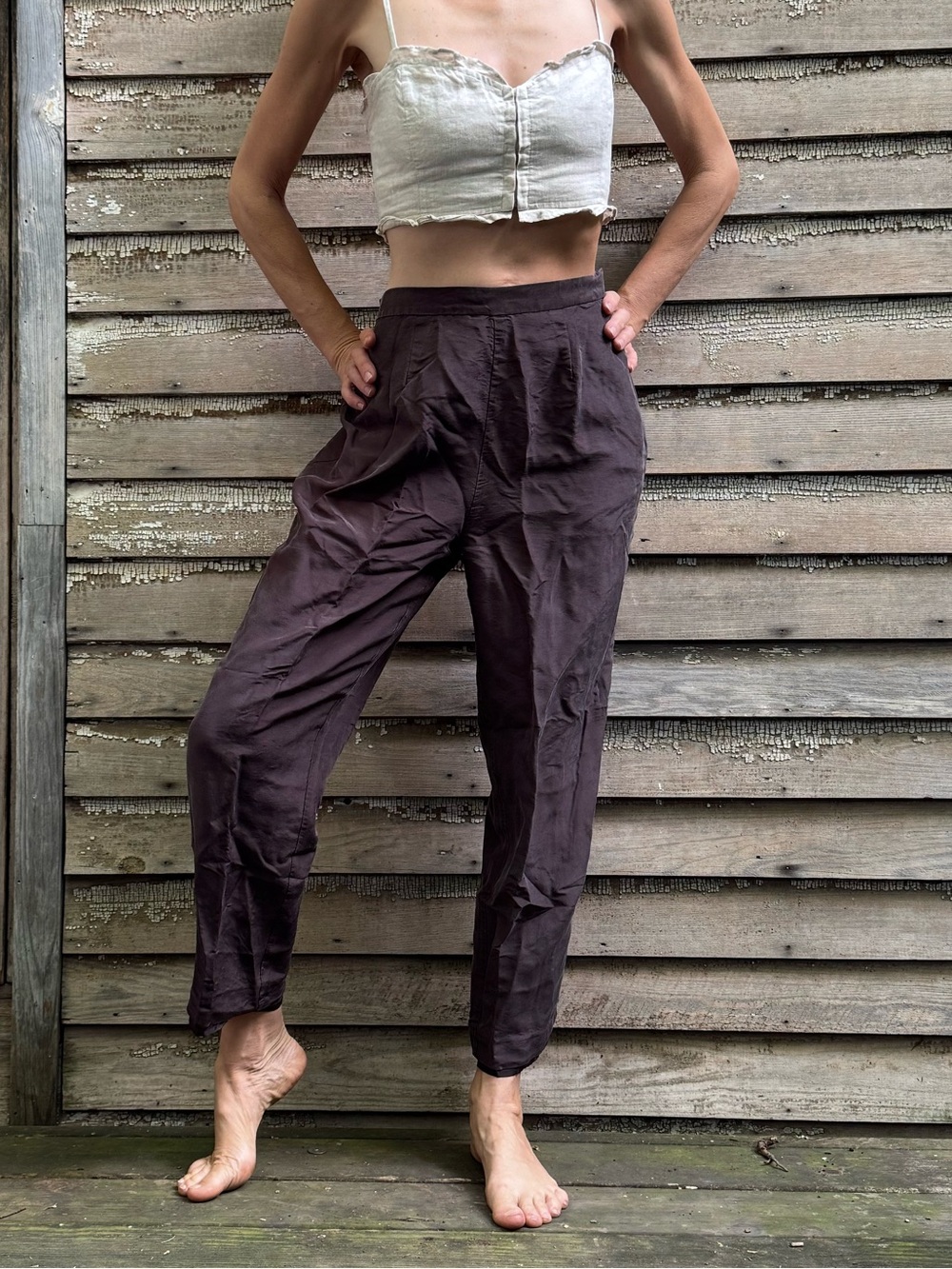 VTG Brown Silk High-Waist Relaxed Tapered Pants i